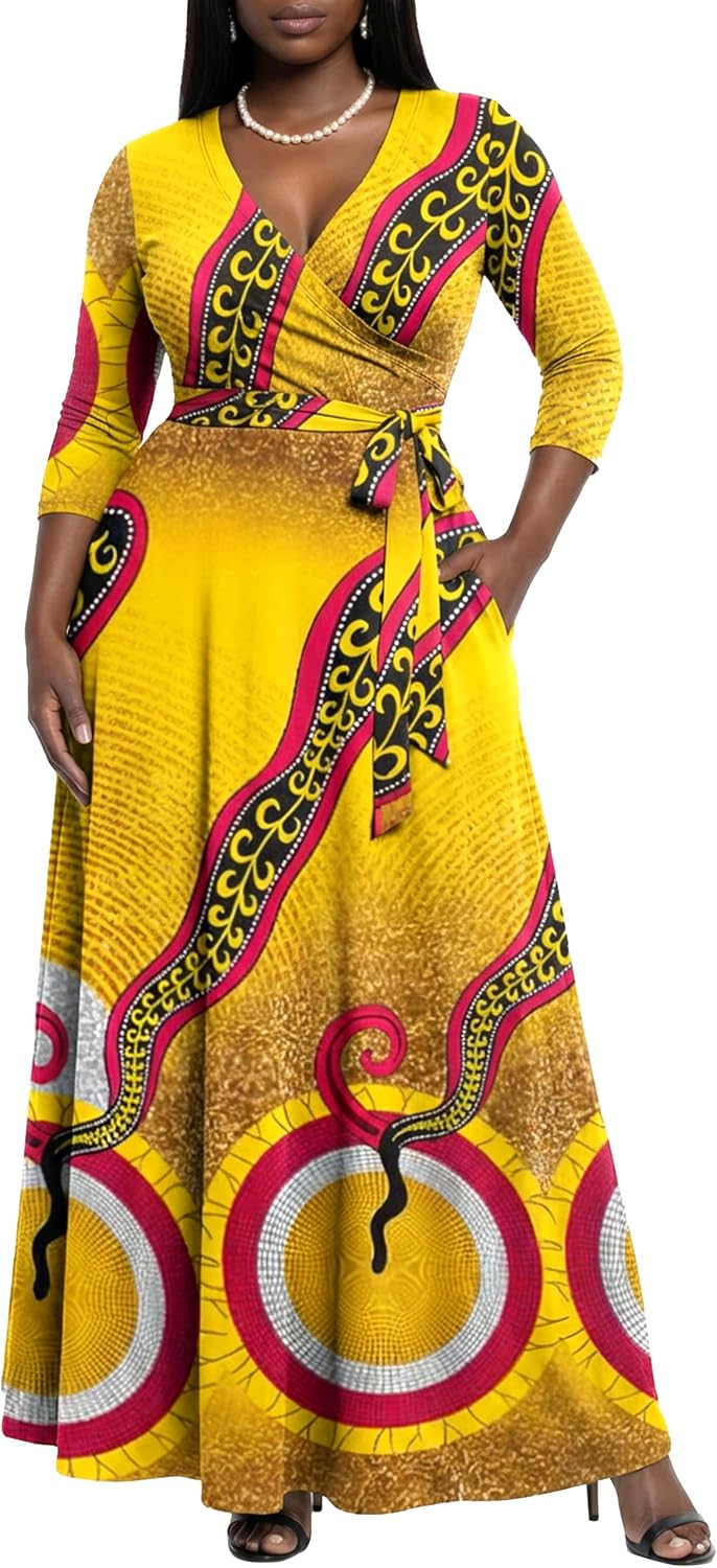 AOMONI Women's Maxi Dresses Summer Casual Wrap Tie Waist Long Dress
