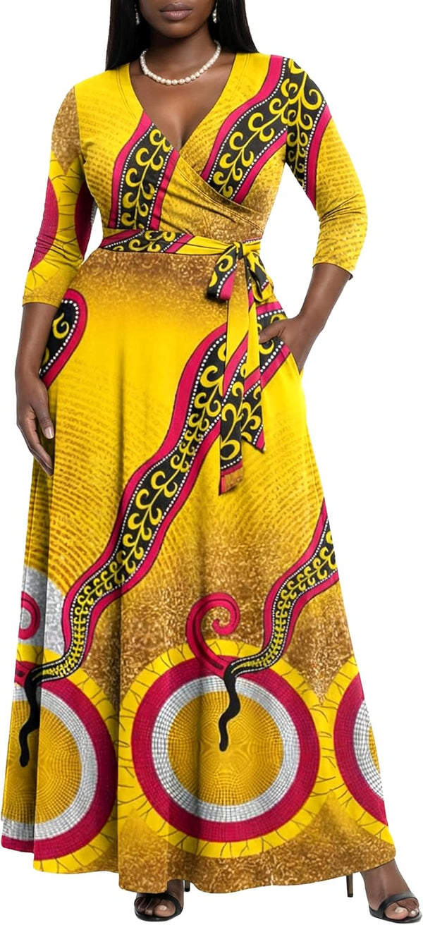 AOMONI Women's Maxi Dresses Summer Casual Wrap Tie Waist Long Dress