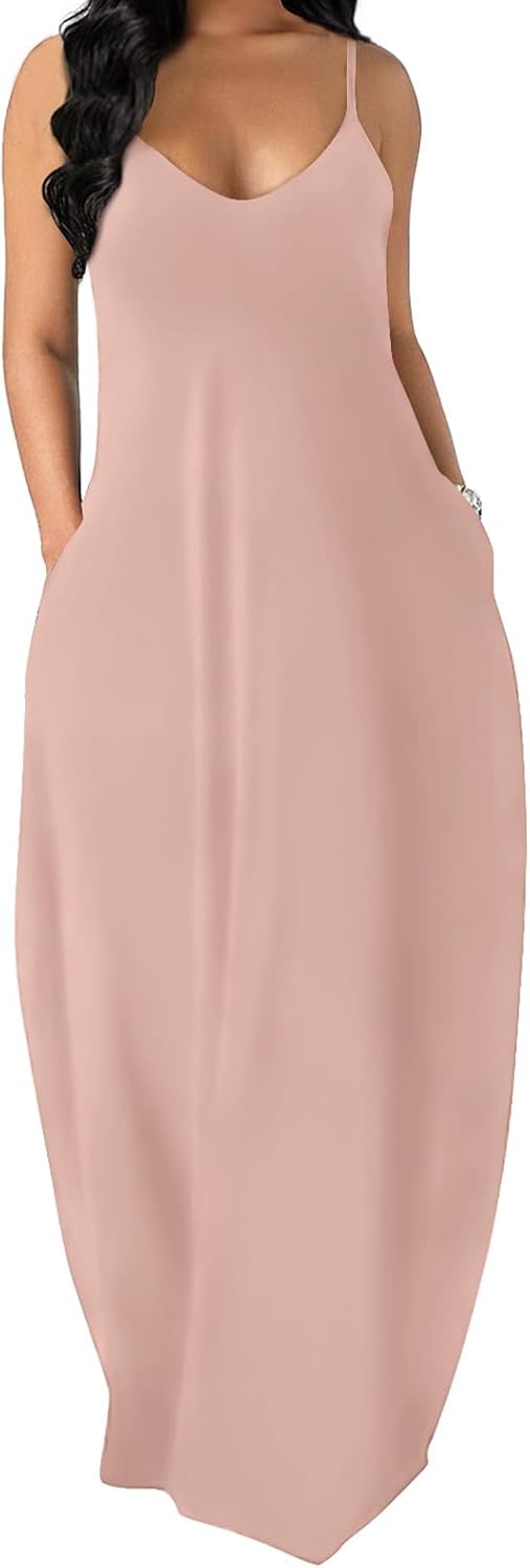 OFEEFAN Women's Maxi Dresses Summer Spaghetti Strap Dress with Pockets