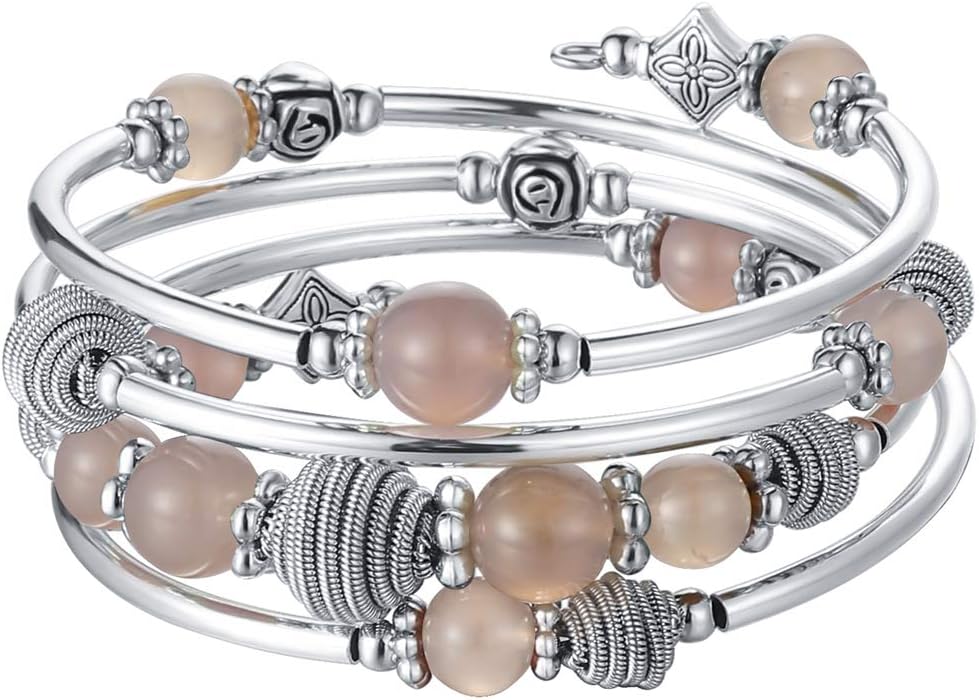 PEARL&CLUB Beaded Chakra Bangle Turquoise Bracelet - Fashion Jewelry Wrap Bracelet with Thick Silver Metal and Mala Beads, Birthday Gifts For Women