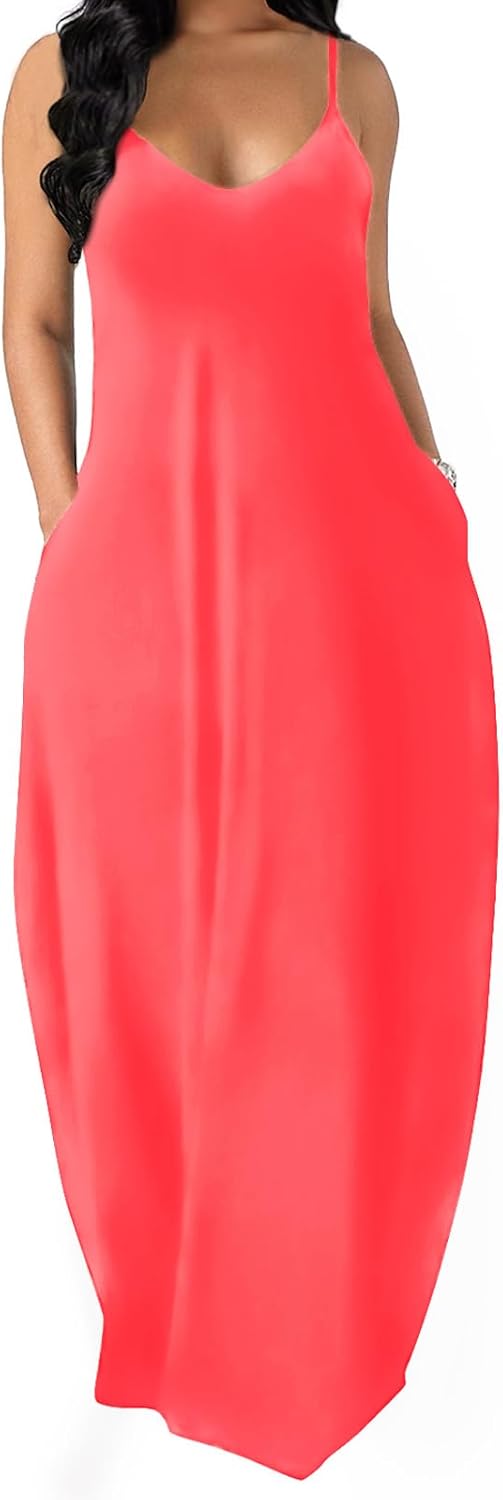 OFEEFAN Women's Maxi Dresses Summer Spaghetti Strap Dress with Pockets
