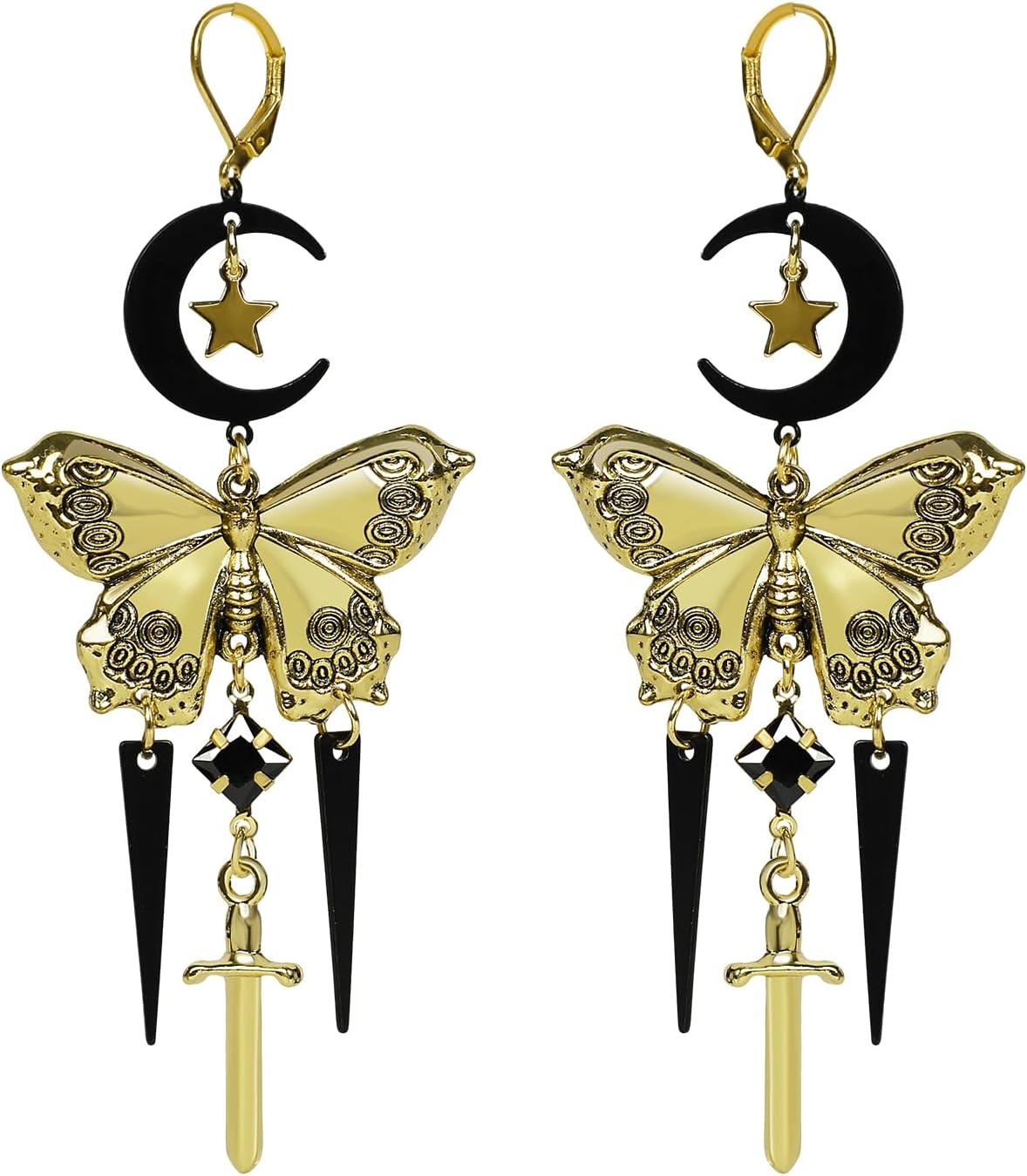 Whimsy Goth Moon & Star Butterfly Drop Earrings Whimsical Jewelry