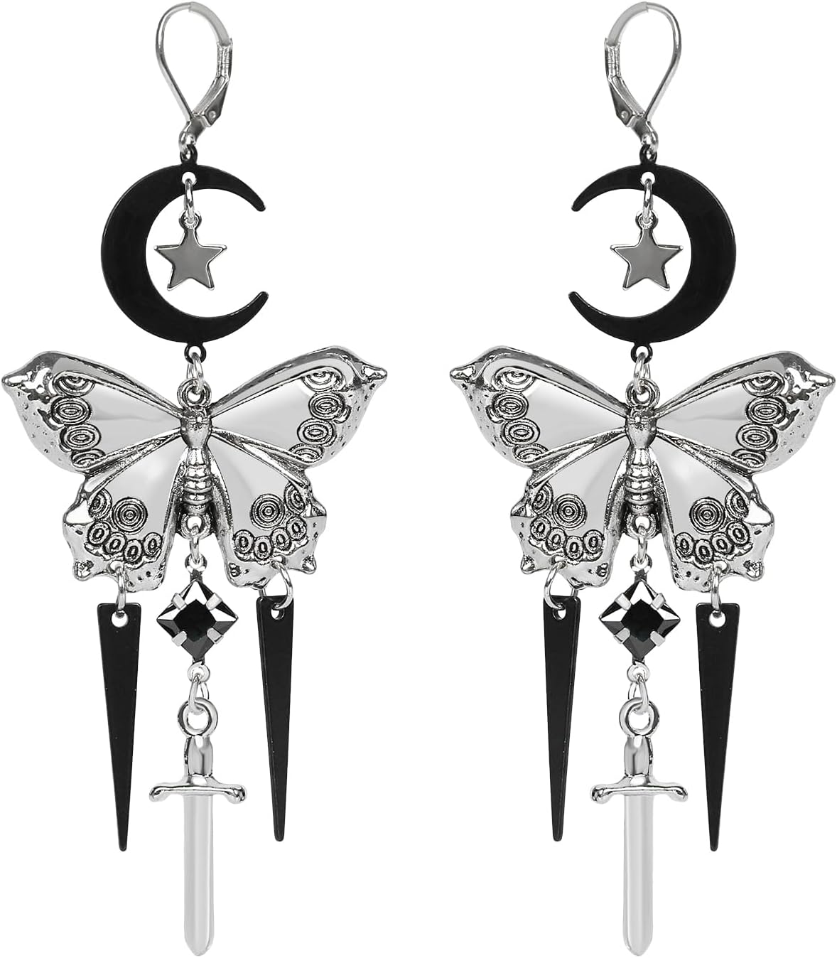 Whimsy Goth Moon & Star Butterfly Drop Earrings Whimsical Jewelry