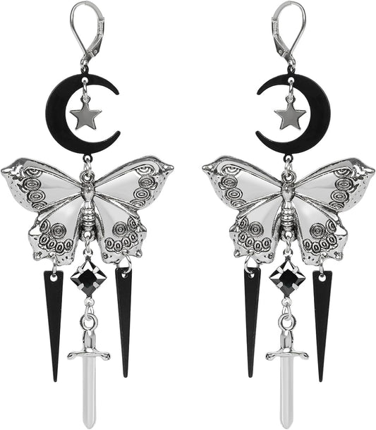 Whimsy Goth Moon & Star Butterfly Drop Earrings Whimsical Jewelry