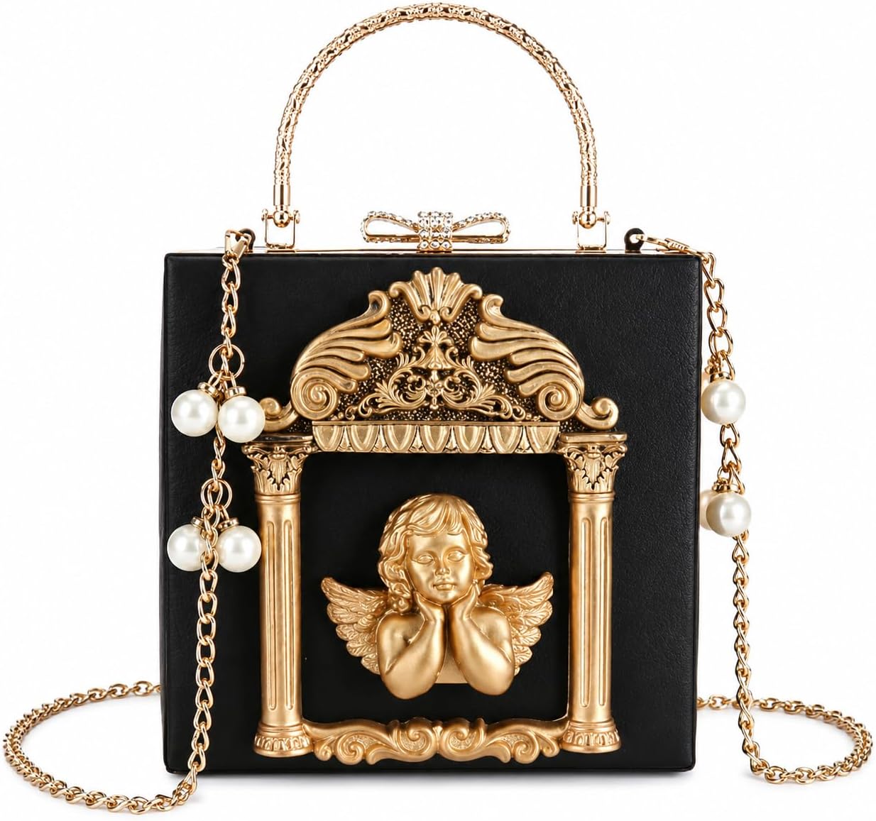 Floral Rose-Embossed Baroque Evening Clutch — Black & Gold with Pearl Chain