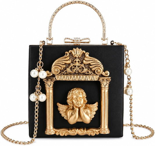 Floral Rose-Embossed Baroque Evening Clutch — Black & Gold with Pearl Chain