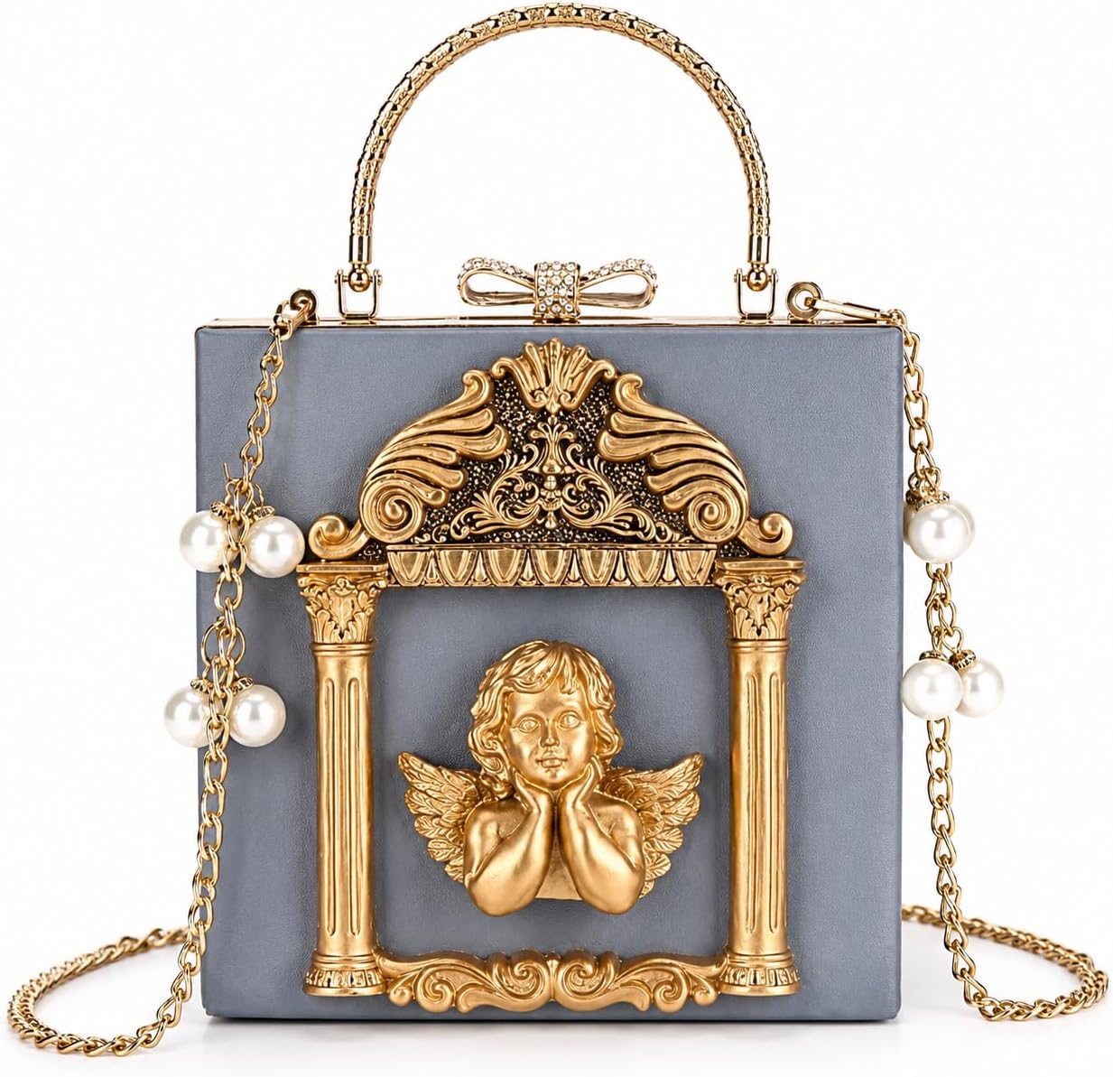Floral Rose-Embossed Baroque Evening Clutch — Black & Gold with Pearl Chain Secondary image