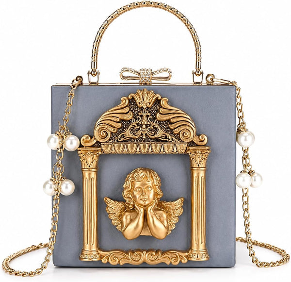 Floral Rose-Embossed Baroque Evening Clutch — Black & Gold with Pearl Chain