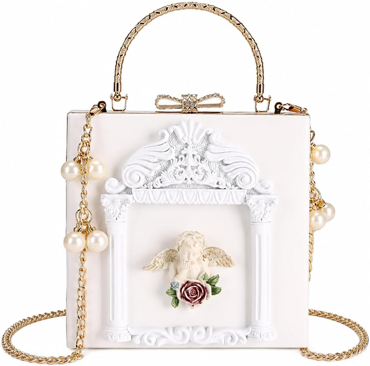 Floral Rose-Embossed Baroque Evening Clutch — Black & Gold with Pearl Chain