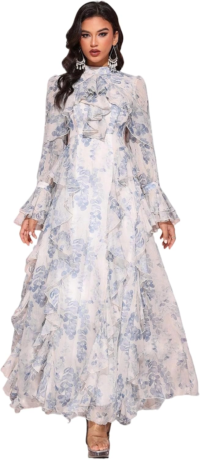 Womens Summer Dresses,Floral Patterns Vintage Elegant Cocktail Long Sleeve Boho Casual Maxi Wedding Guest Dresses for Women
