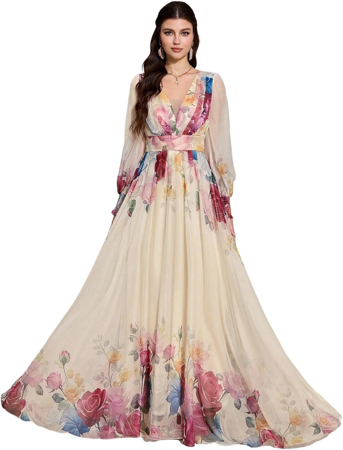 Womens Summer Dresses,Floral Patterns Vintage Elegant Cocktail Long Sleeve Boho Casual Maxi Wedding Guest Dresses for Women