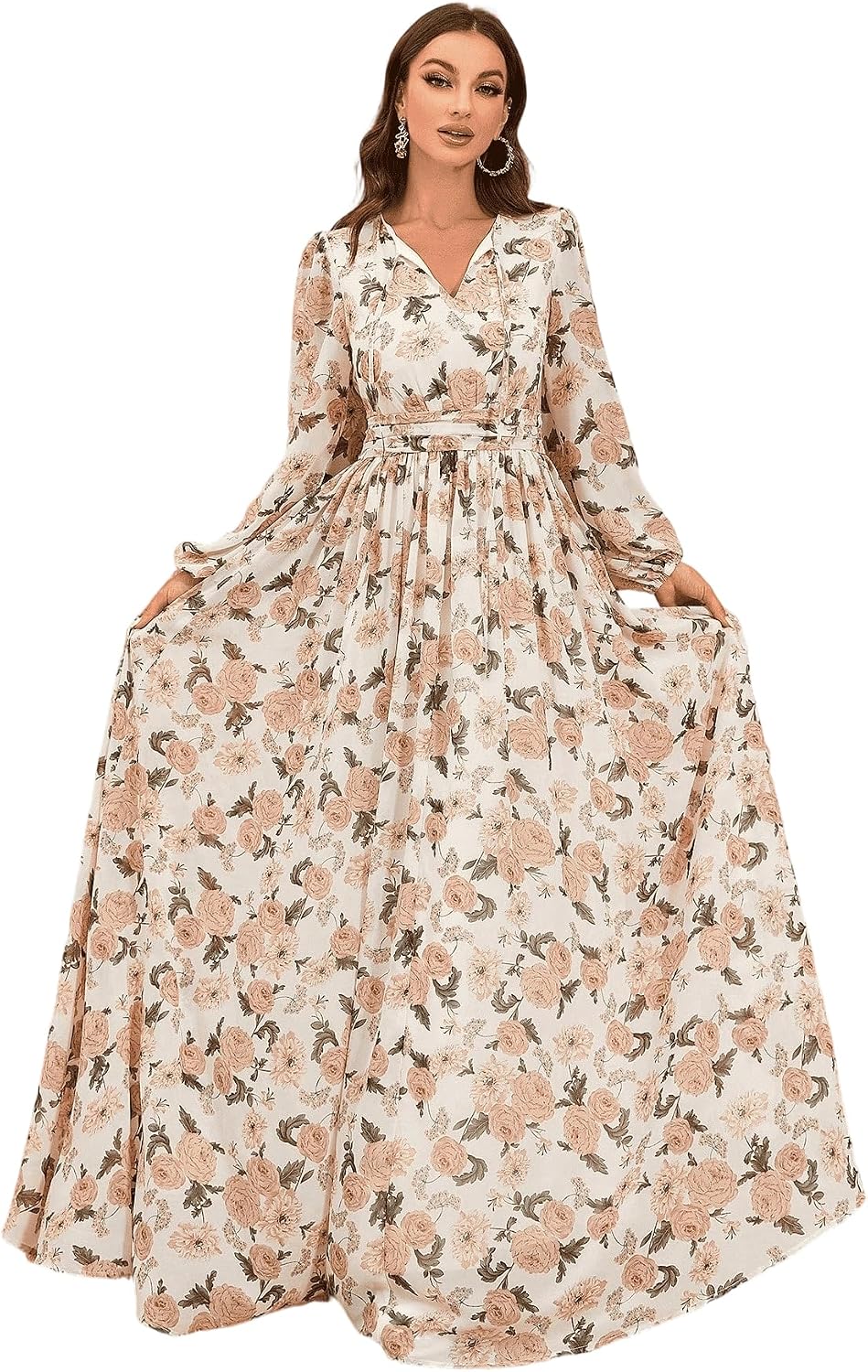 Womens Summer Dresses,Floral Patterns Vintage Elegant Cocktail Long Sleeve Boho Casual Maxi Wedding Guest Dresses for Women