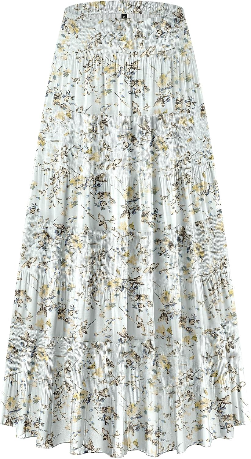 CYiNu Women's Chiffon Elastic High Waist Tiered Pleated Floral Printed A-Line Boho Long Maxi Skirts