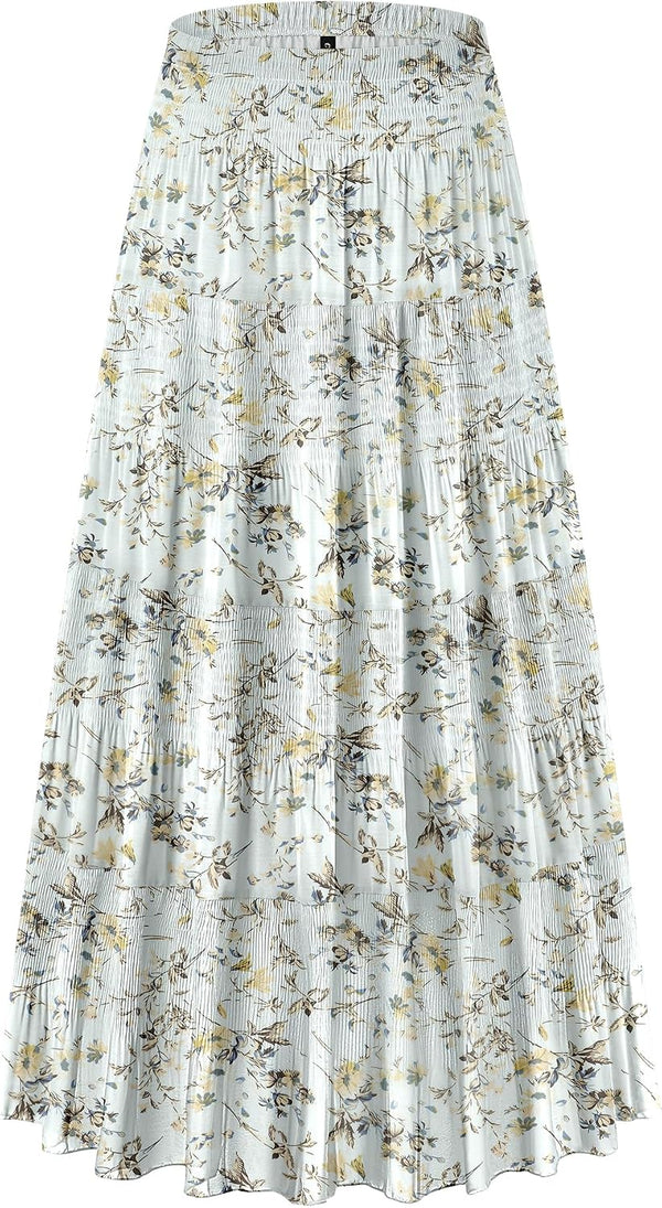 CYiNu Women's Chiffon Elastic High Waist Tiered Pleated Floral Printed A-Line Boho Long Maxi Skirts
