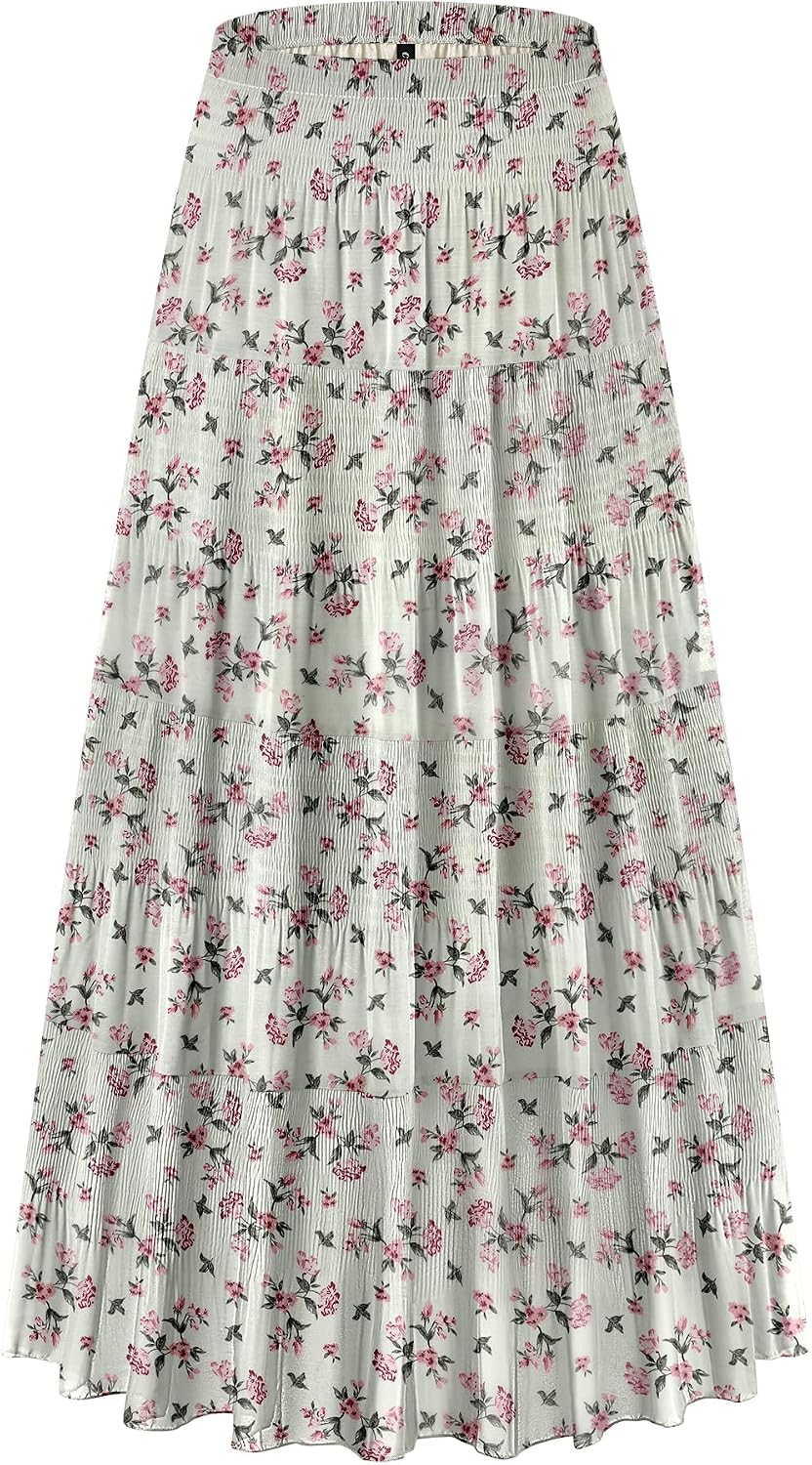 CYiNu Women's Chiffon Elastic High Waist Tiered Pleated Floral Printed A-Line Boho Long Maxi Skirts