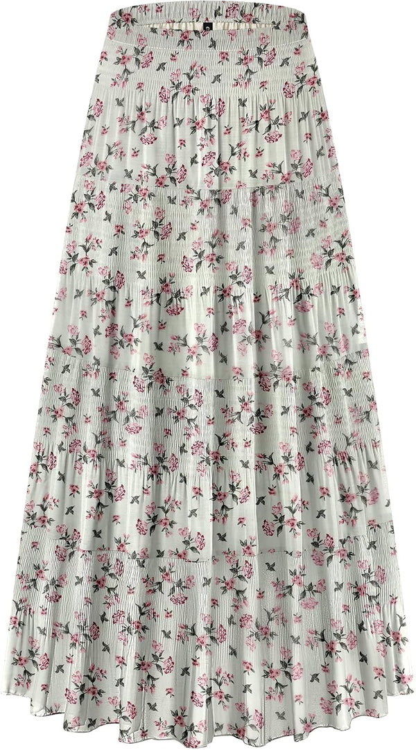 CYiNu Women's Chiffon Elastic High Waist Tiered Pleated Floral Printed A-Line Boho Long Maxi Skirts