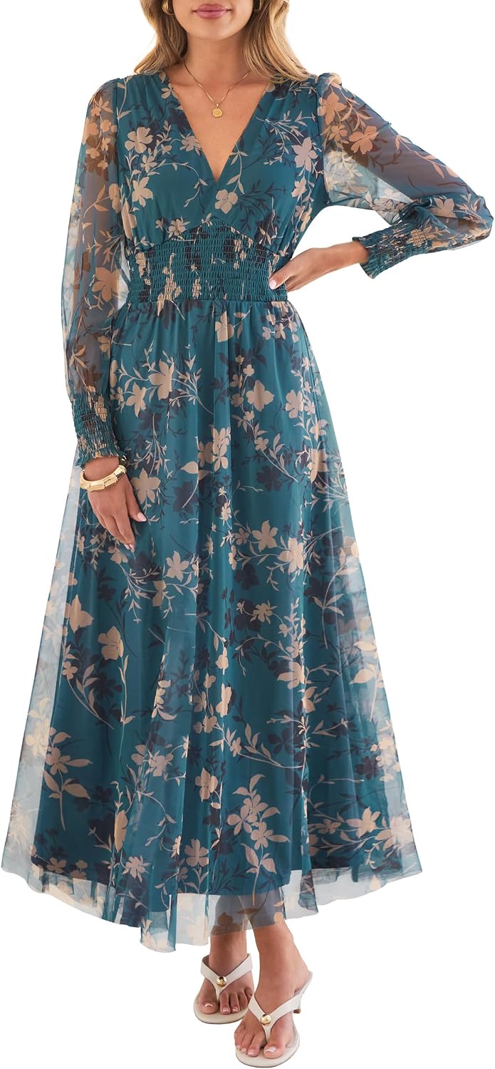 ANRABESS Women's Fall Wedding Guest Tulle Floral Long Sleeve Maxi Dress