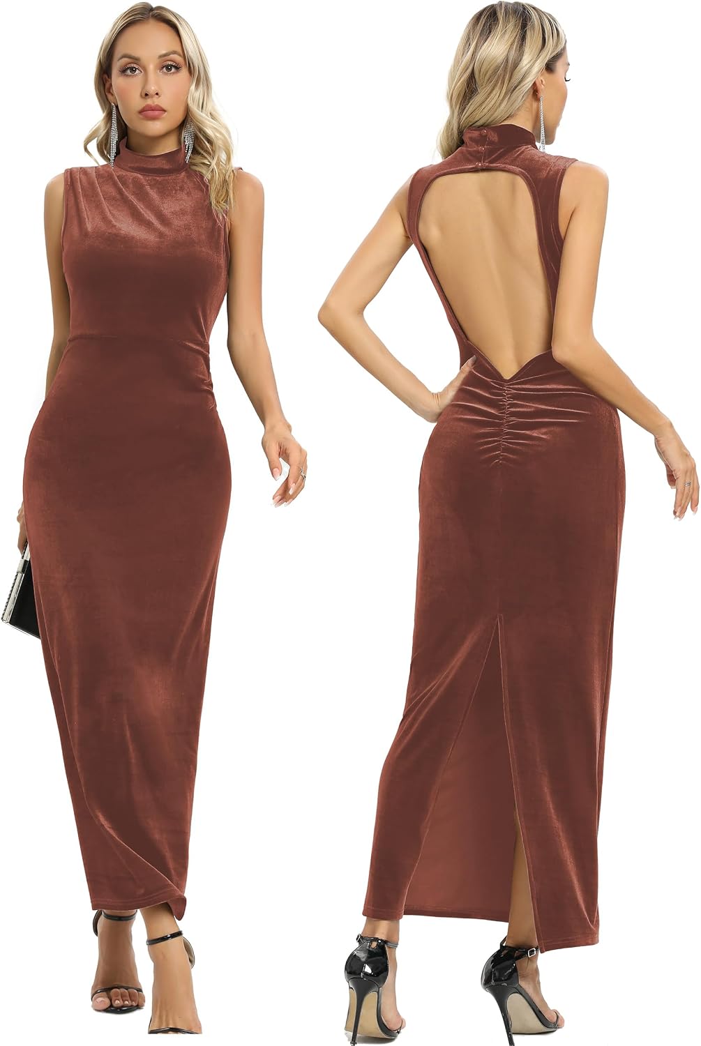 Women Backless Velvet Bodycon Maxi Dress High Neck Ruched Slit Party Dress