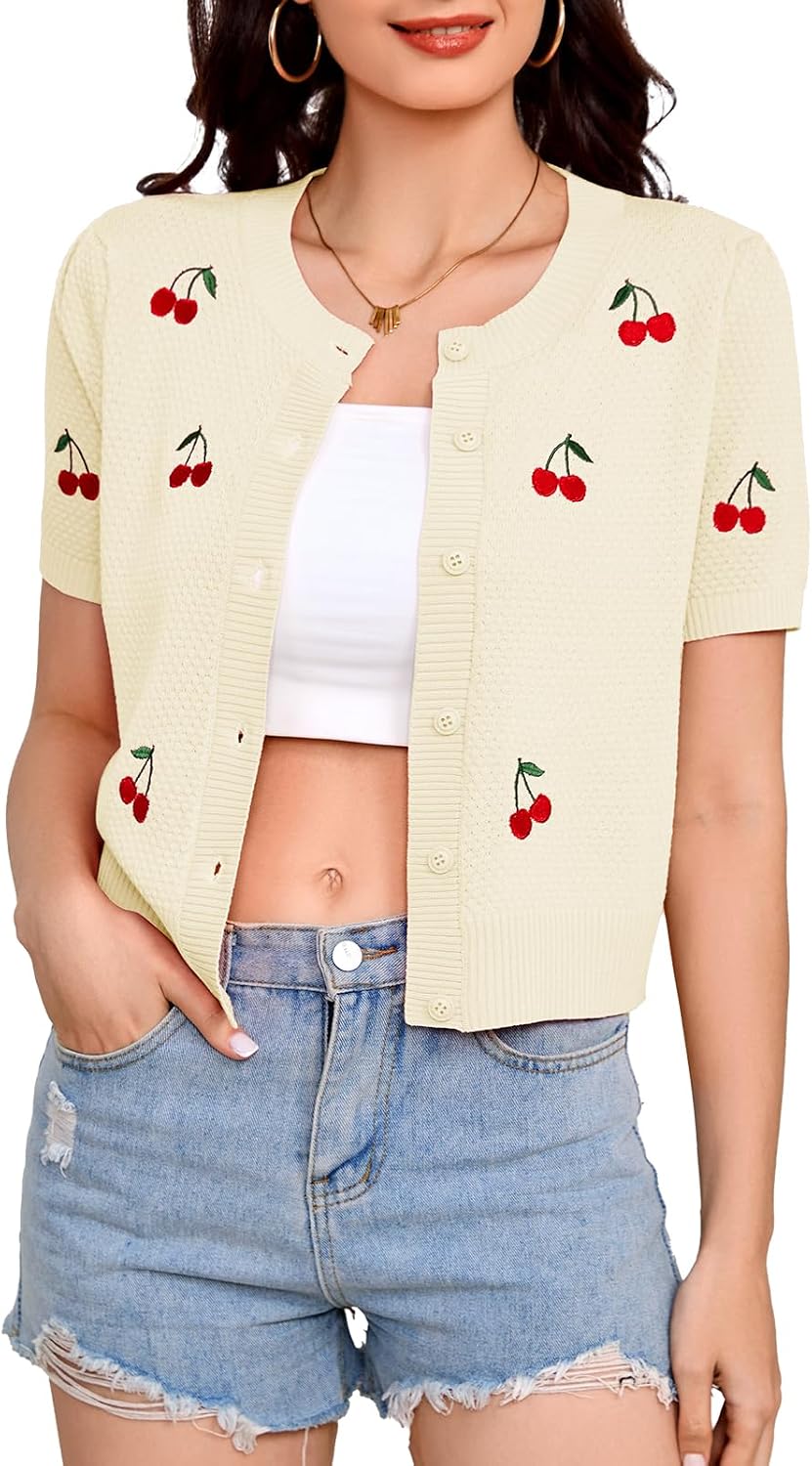 Bbonlinedress Women Cherry Short Sleeve Cardigan Tops Vintage Sweater Shirt