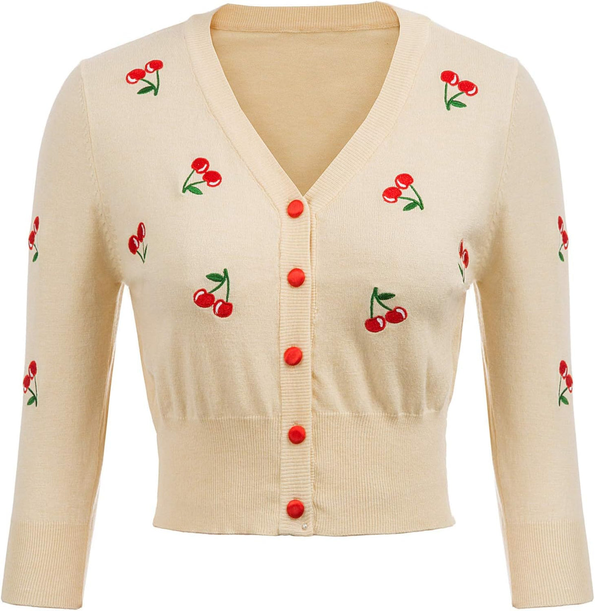 Belle Poque Women's 3/4 Sleeve V-Neck Button Down Cherries Embroidery Cropped Cardigan Sweater Coat