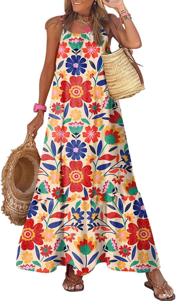 Dokotoo Women Summer Dresses Scoop Neck Ruffle Flowy Boho Maxi Dress
