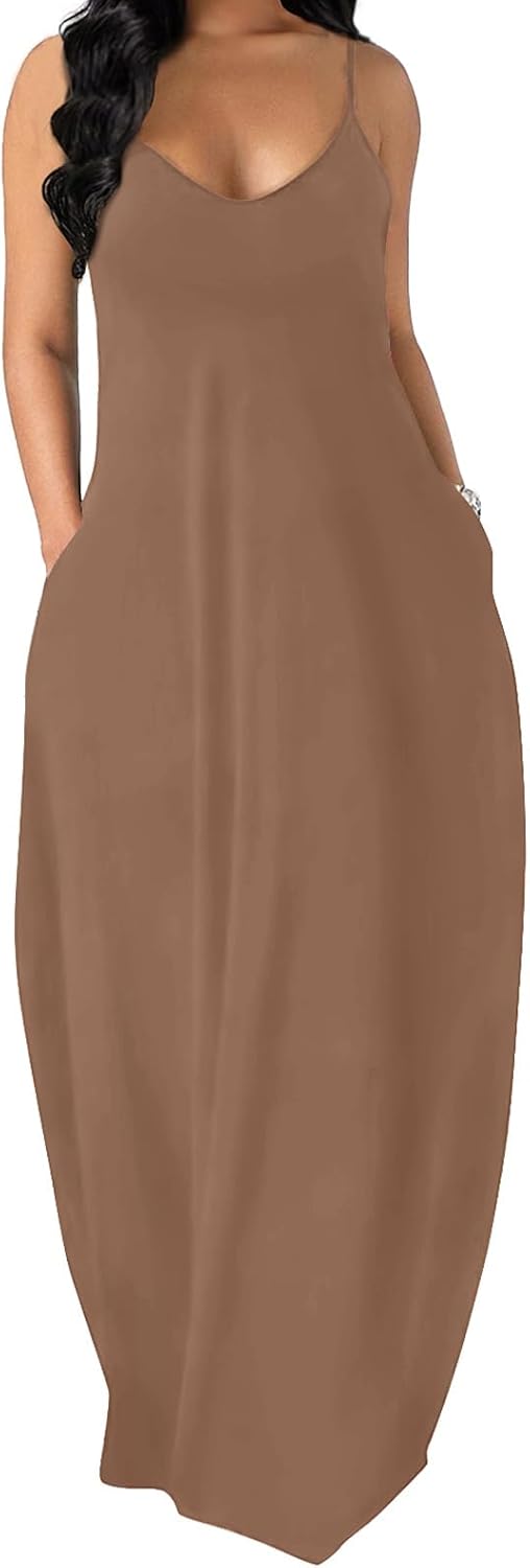 OFEEFAN Women's Maxi Dresses Summer Spaghetti Strap Dress with Pockets