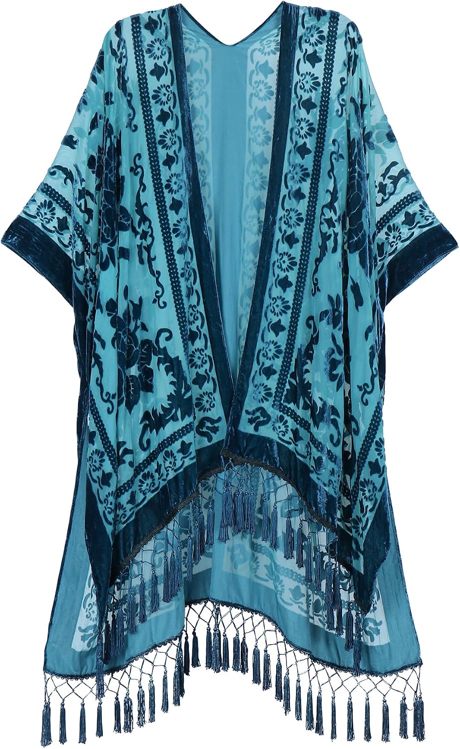 Women's Burnout Velvet Kimono Long Cardigan Cover Up With Tassel