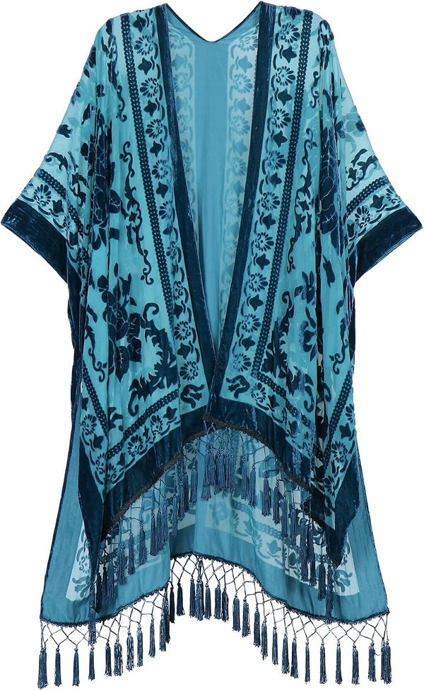 Women's Burnout Velvet Kimono Long Cardigan Cover Up With Tassel