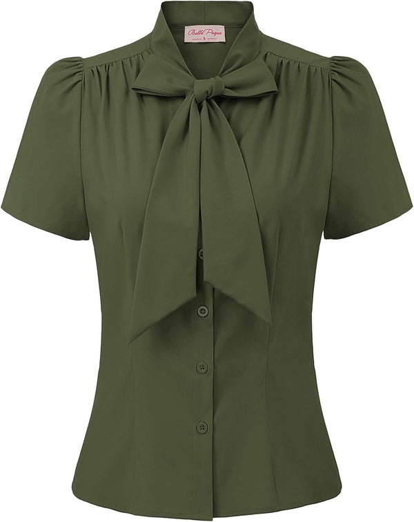 Belle Poque Women Dressy Casual Top Bow Tie Button Down Short Sleeve Blouse