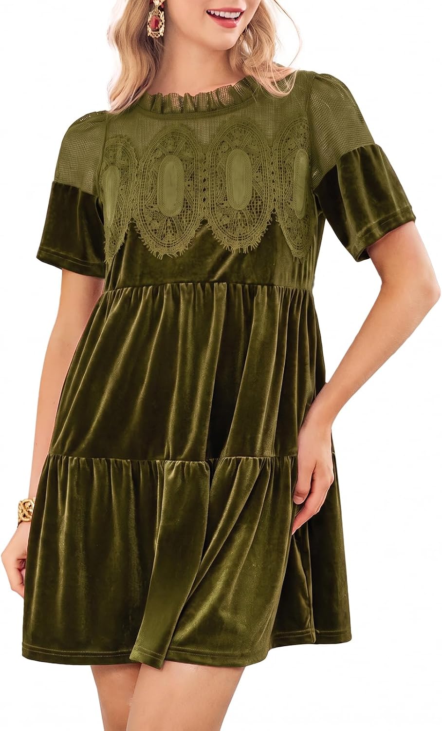 Wenrine Womens Velvet Dress Fall Lace Short Sleeve Babydoll Mini Dresses
