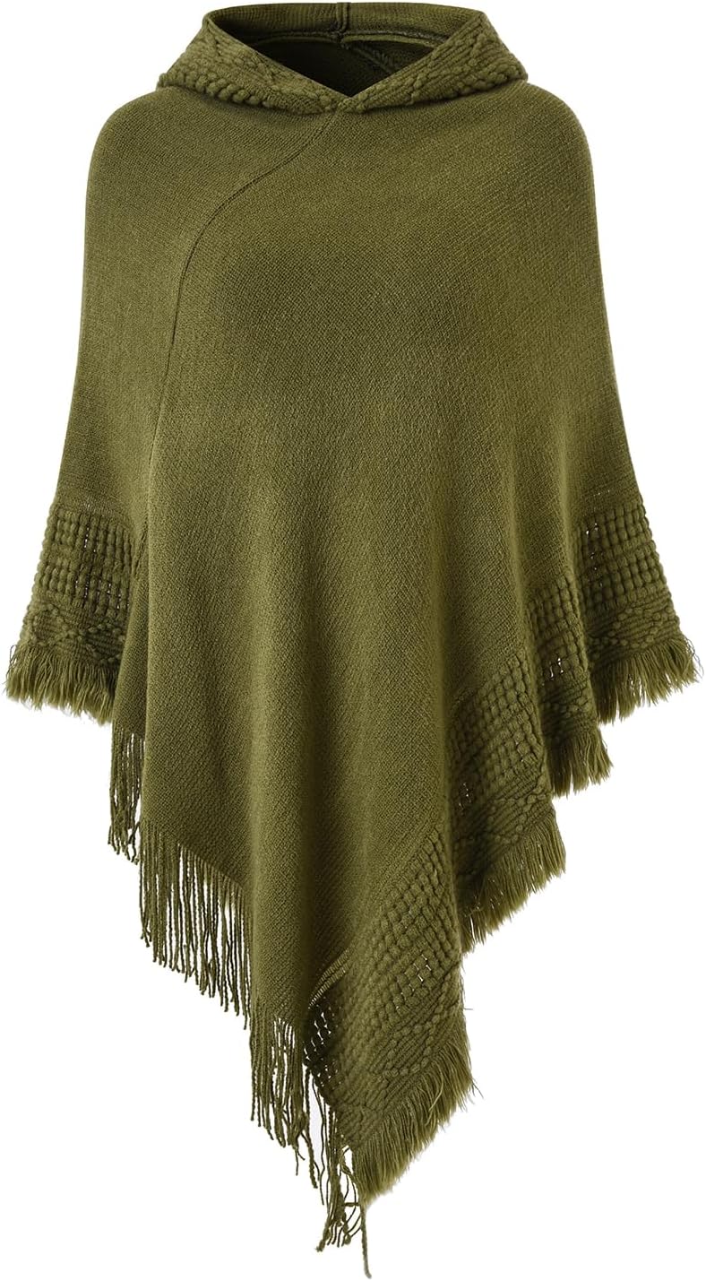 Ferand Women's Witchy Hooded Knit Poncho with Fringe