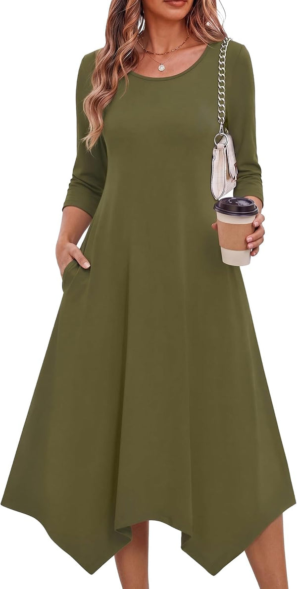 Zeagoo Midi Dresses Women 2026 Dress 3/4 Sleeve A Line Casual Dresses with Pockets