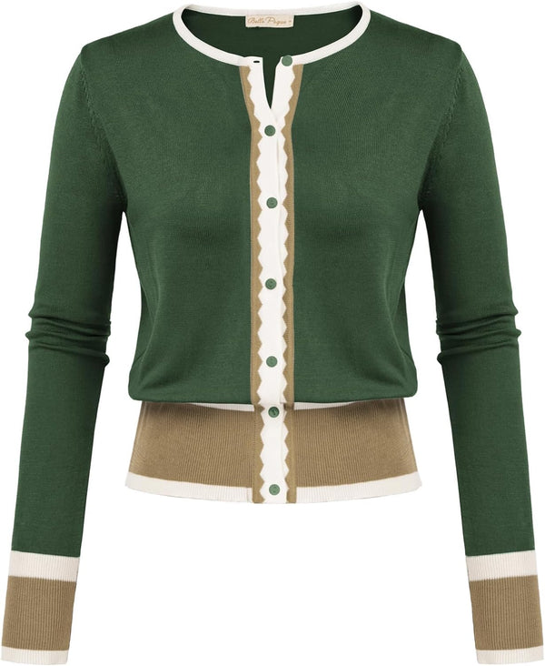 Women's Cardigan Sweater Color Block Long Sleeve Crew Neck Knit Cardigan Trendy Cropped Cardigan Shrug