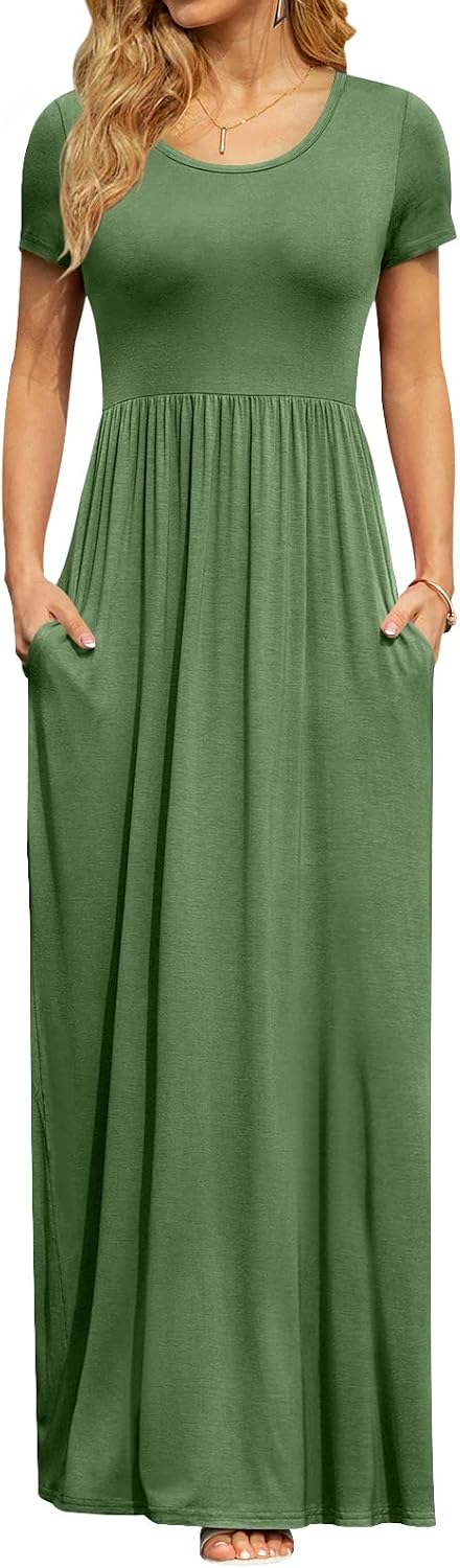 DB MOON Women's Summer Maxi Dress Casual Short Sleeve Empire Waist Pockets