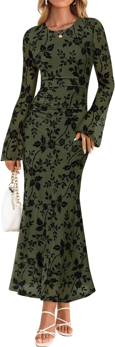 ZESICA Womens Long Sleeve Floral Fall Bodycon Ruched Mesh Maxi Formal Dress