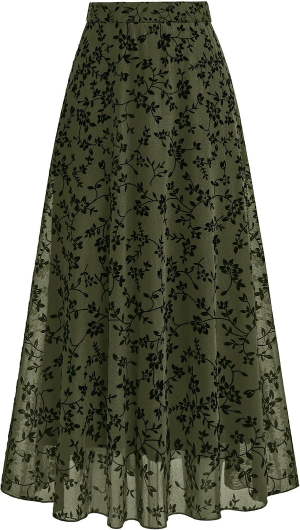 BTFBM Womens Floral Mesh Maxi Skirts Long Tulle Skirt