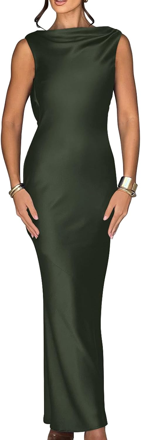 Memoriesea Women's Elegant Sleeveless High Neck Tie Cocktail Wedding Party Maxi Dress