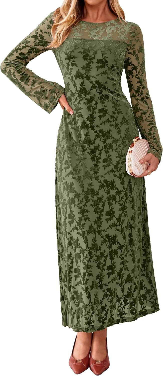 Simplee Womens Velvet Long Sleeve Fall Formal Wedding Guest Maxi Dress