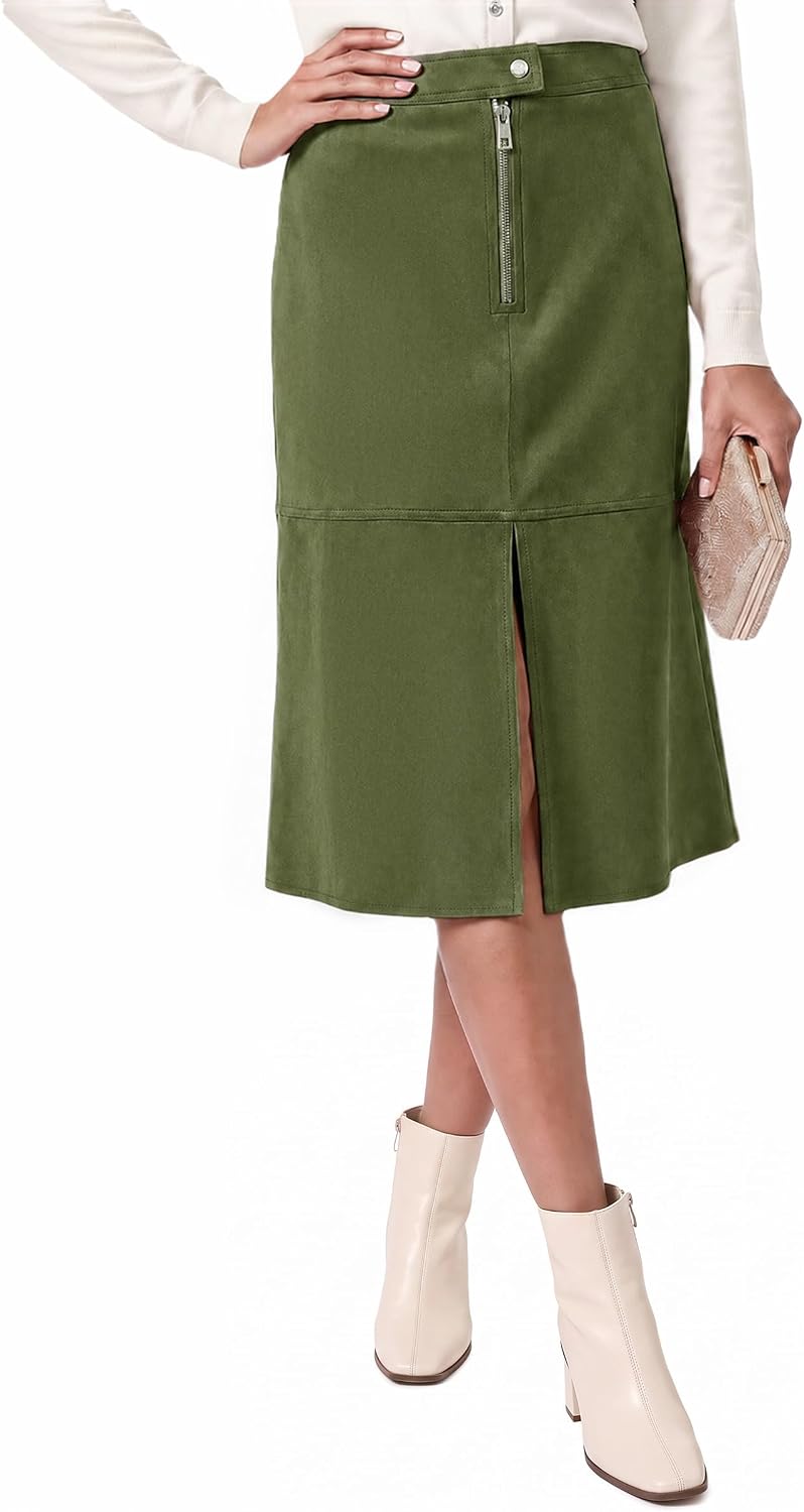 Tankaneo Womens Faux Suede Skirts Midi High Waist A Line Vintage Skirt