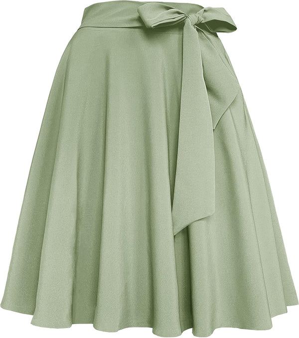 Womens Vintage High Waist A-Line Skater Skirt Flared Midi Skirt with Pockets