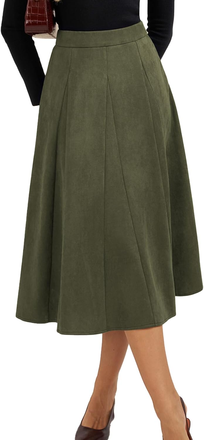 Belle Poque Women Suede Skirt High Waisted A Line Midi Skirts