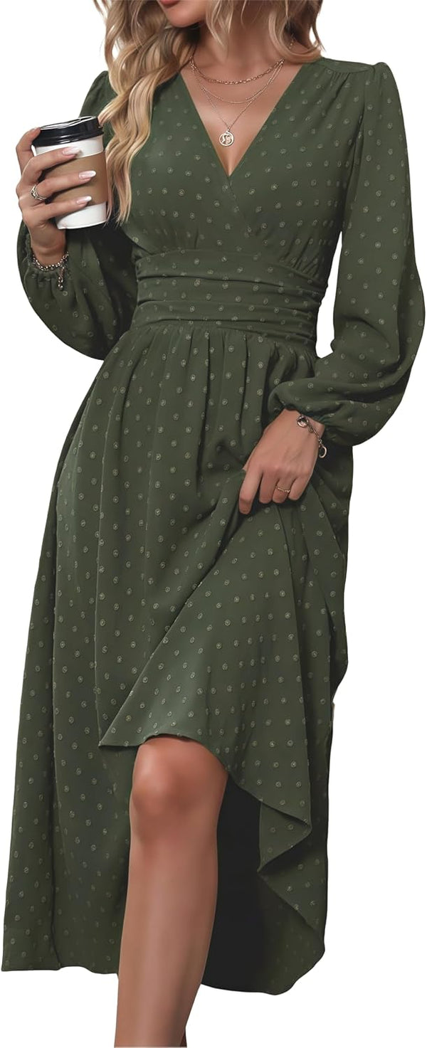 Mettclasi Women's Spring Fall Swiss Dot V-Neck Midi Dress Casual Puff Long Lantern Sleeve A-Line Flowy Wedding Guest Dress