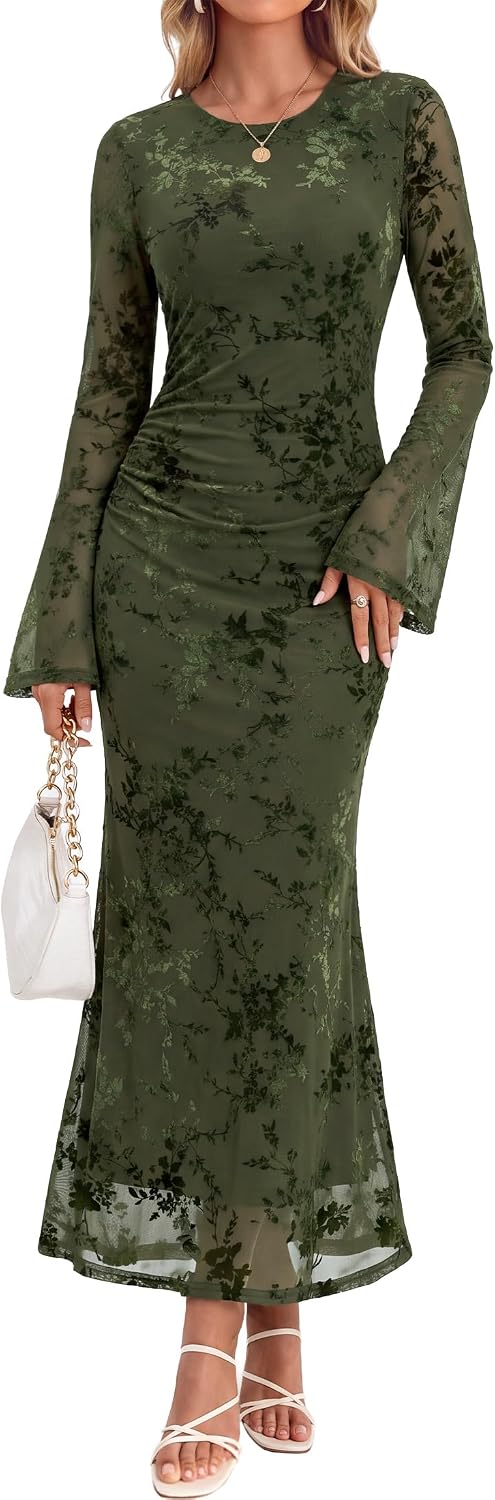 ZESICA Womens Long Sleeve Floral Fall Bodycon Ruched Mesh Maxi Formal Dress