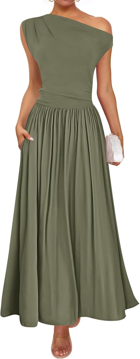 ZESICA Womens Sleeveless One Shoulder Maxi Dress with Pockets