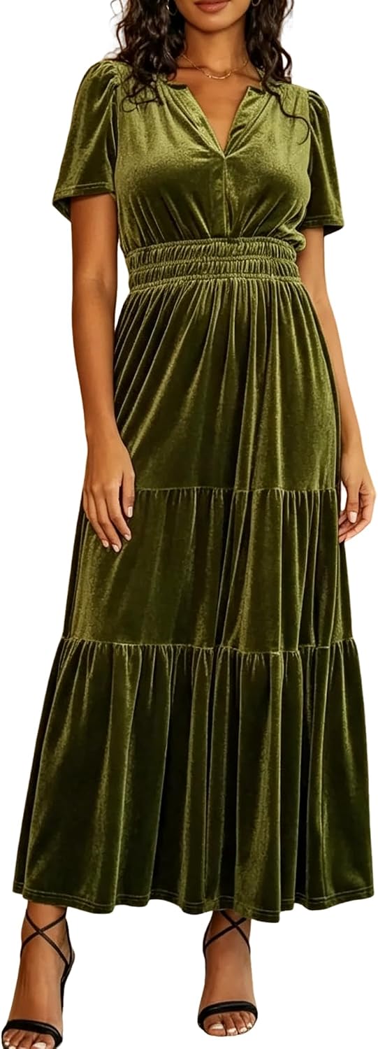 R.Vivimos Womens Fall Winter Velvet Elastic Waist Maxi Dress