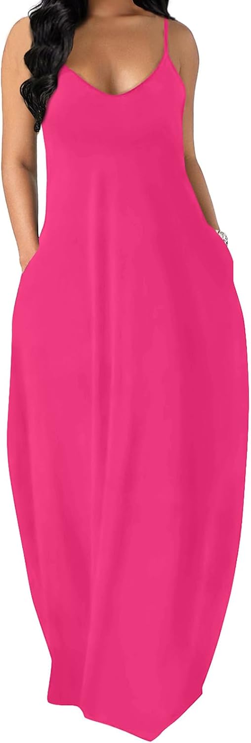 OFEEFAN Women's Maxi Dresses Summer Spaghetti Strap Dress with Pockets