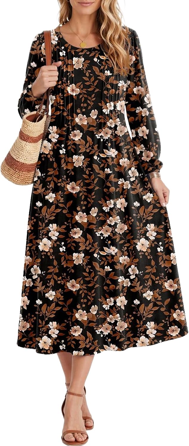 Zeagoo Fall Dresses for Women Long Sleeve Midi Dress Casual A Line Dresses 2026 Pleated Flare Dress with Pockets