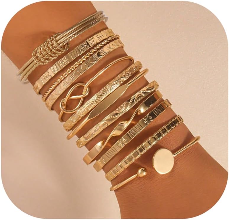 Gold Bangle Bracelets for Women, Indian Bangles Stackable Set, Multi Layer Textured 18K Gold Plated Chunky Bracelets Boho Jewelrys Set