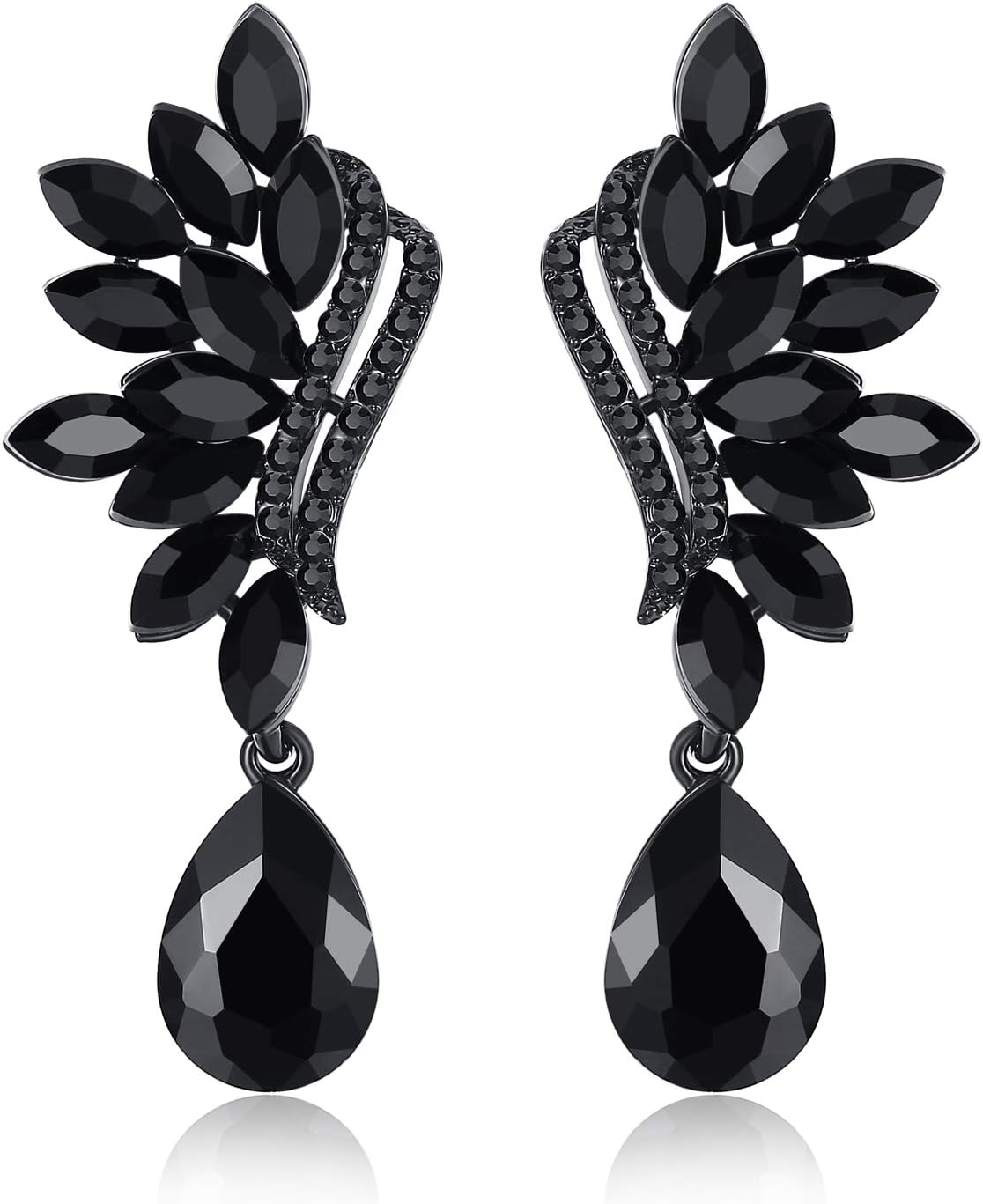 Vintage Floral Teardrop Butterfly Wing Black Austrian Crystal Drop Dangle Earrings for Women Bride Gift