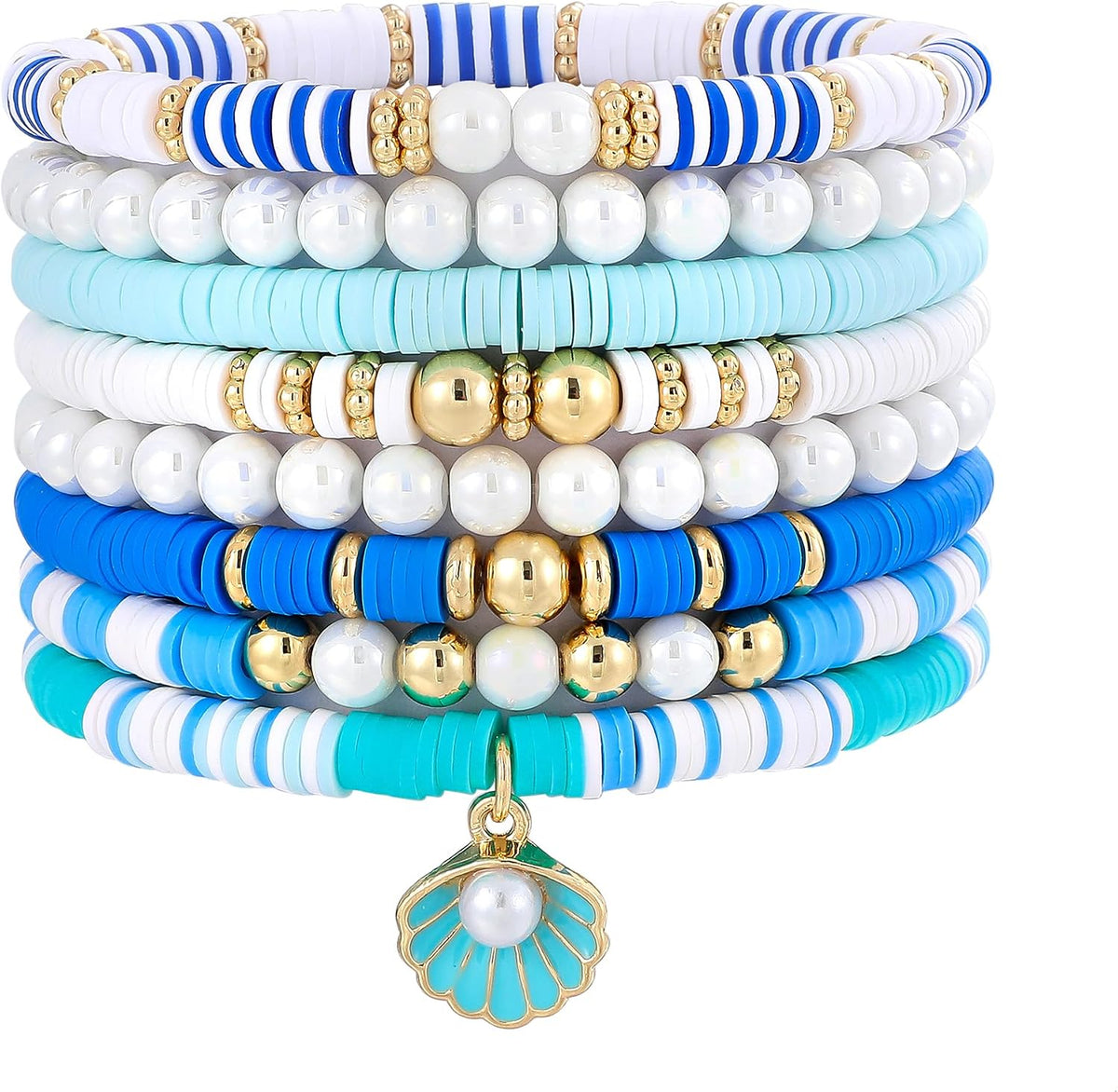 Surfer Heishi Clay Bead Bracelets for Women Bohemian Stackable Gold Plated Beaded Stretch Bracelets Elastic Layering Friendship Bracelets Set Boho Jewelry